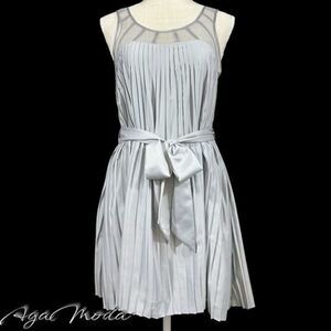 Romeo and Juliet Couture Sleeveless Silvery Pleated Dress with Sheer Neckline